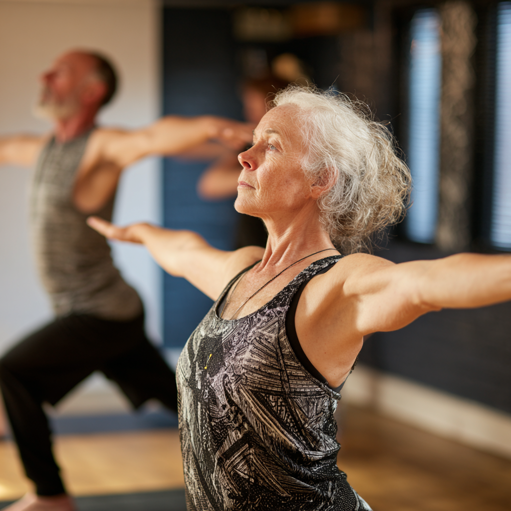 Senior instructor demonstrating yoga posture in hevladorin studio
